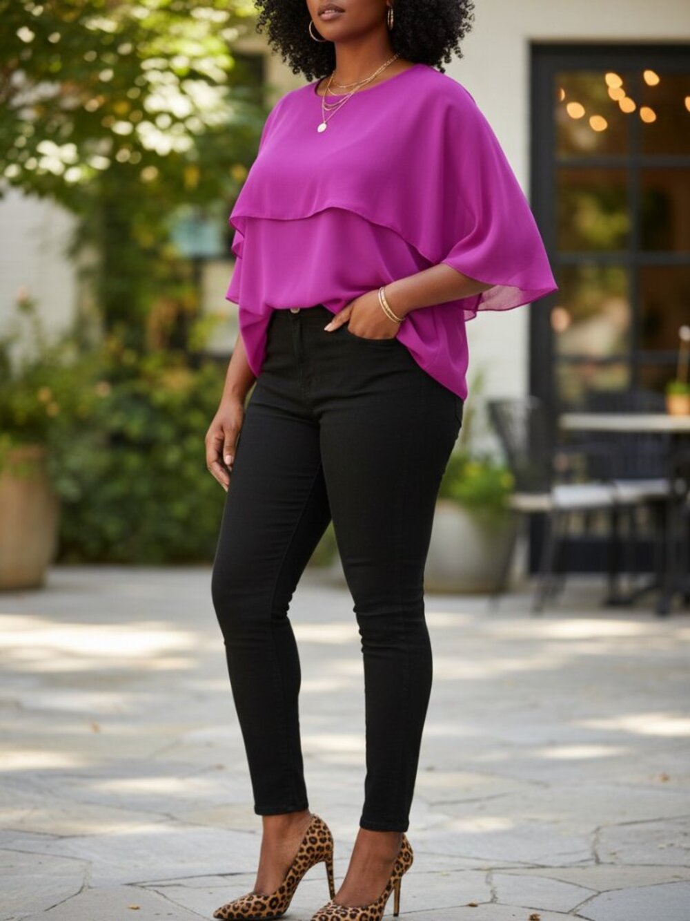 Womens Magenta Tiered Cape Overlay Chiffon Blouse‎ Top Size XL